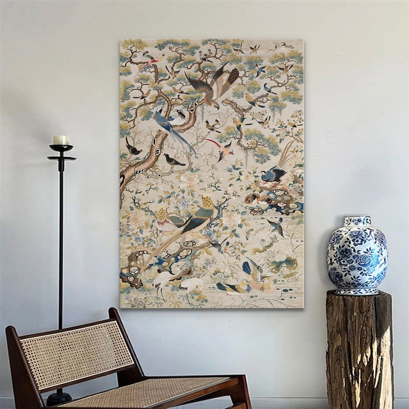 百鸟图 法式中古风客厅装饰画新中式复古玄关挂画艺术餐厅背景画