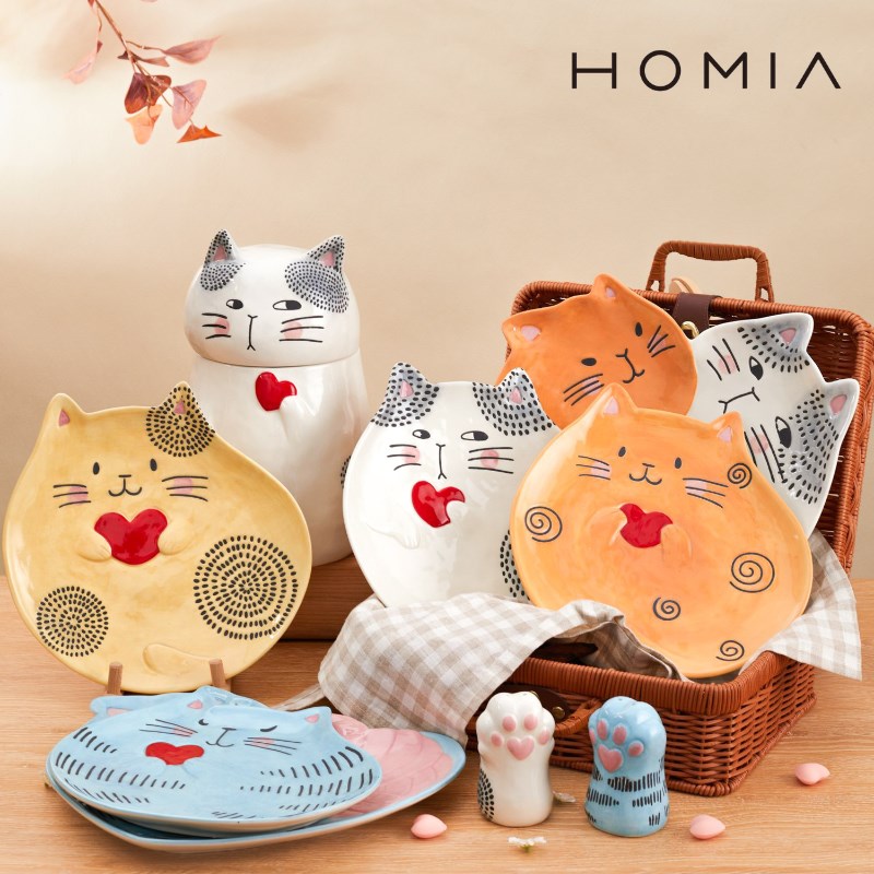 HOMIA猫系手绘陶瓷餐具家用创意碟盘平盘大菜盘子调味罐储物罐