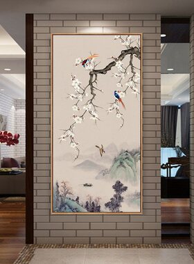 新中式玄关装饰画竖款花鸟工笔挂画中国风壁画客厅走廊楼梯有框画