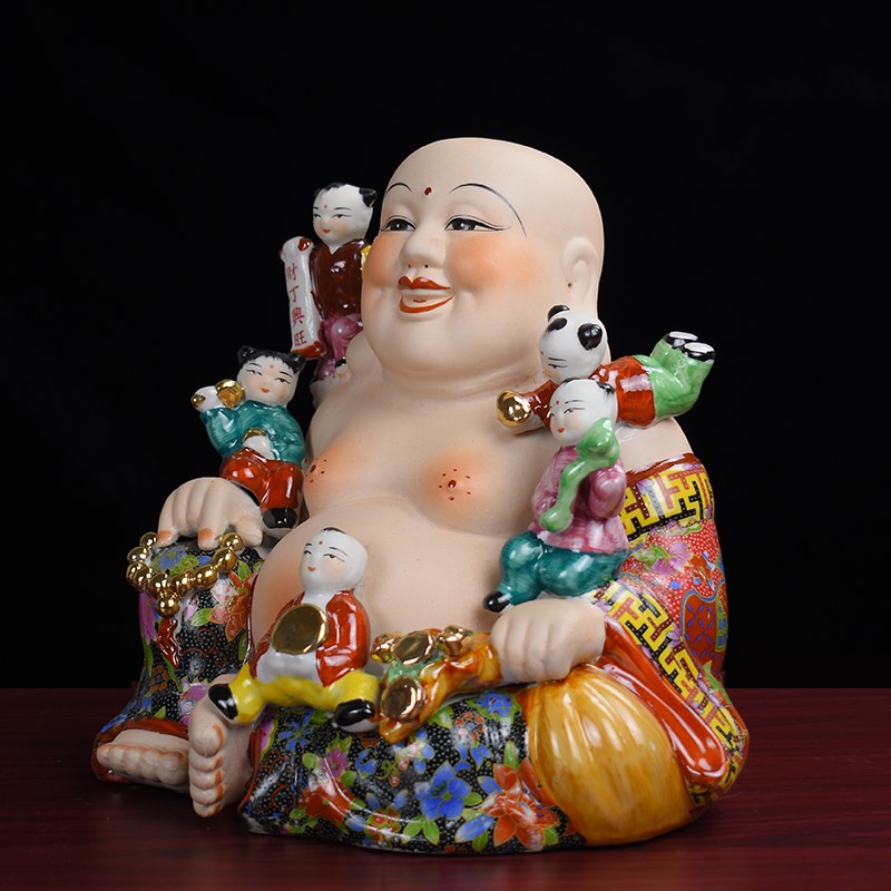 陶瓷五子登科弥勒佛摆件大肚笑佛瓷器佛像工艺品家居客厅摆设