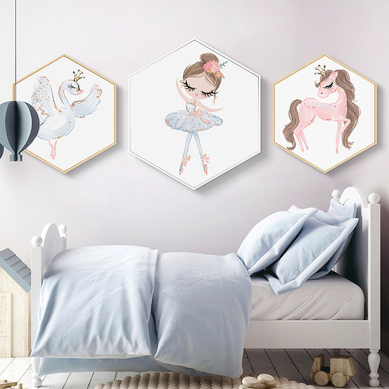 儿童房装饰画g卧室背景墙壁卡通女孩公主房间挂画ins粉色少女壁画