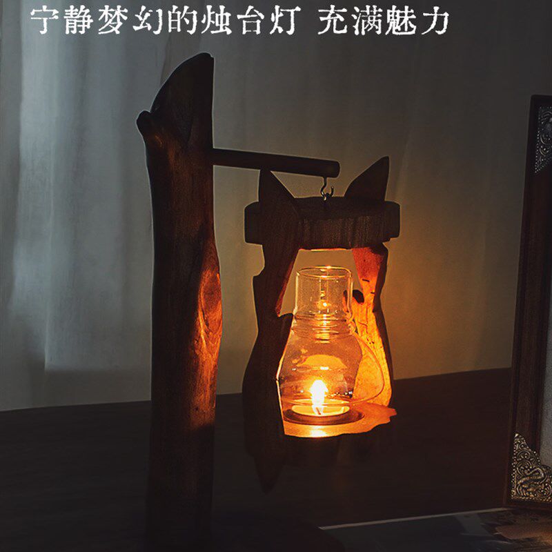 泰国原木烛台实木创意摆件防风灯家用防风煤油灯玻璃罩蜡烛台欧式