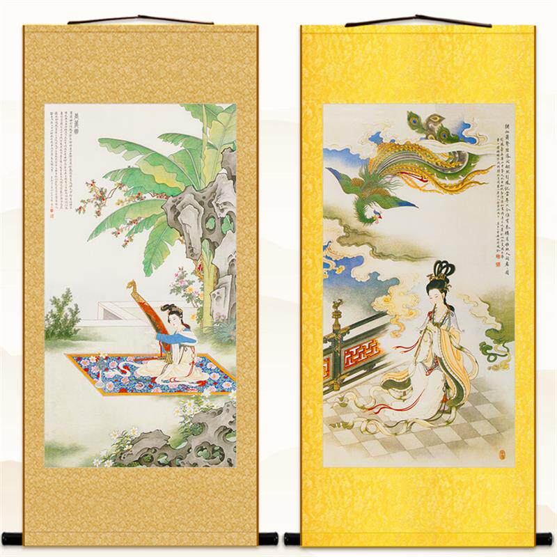 吹箫引凤图+箜篌图仕女抚琴人物卷轴挂画+书房绢布丝绸装饰画定制