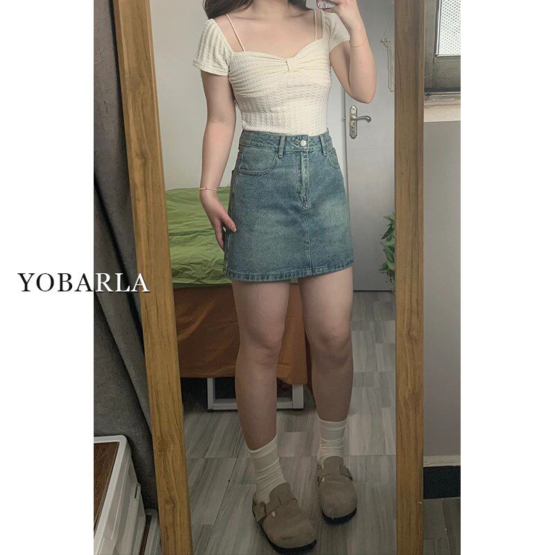 复古蓝牛仔短裙女夏季高腰大码显瘦胖mm梨形身材遮肚子a字半身裙