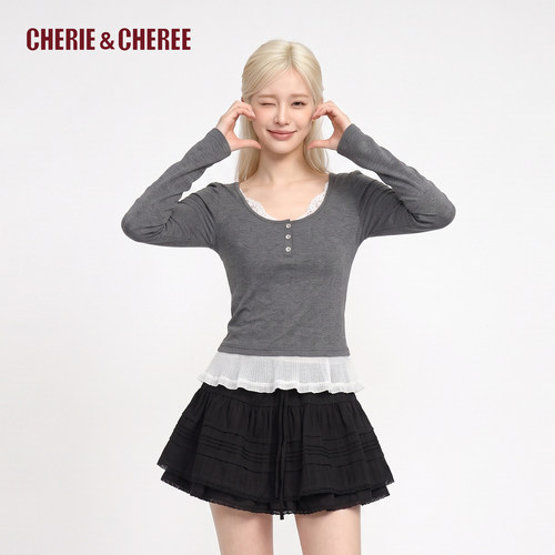 CHERIE&CHEREE甜美U领蕾丝长袖
