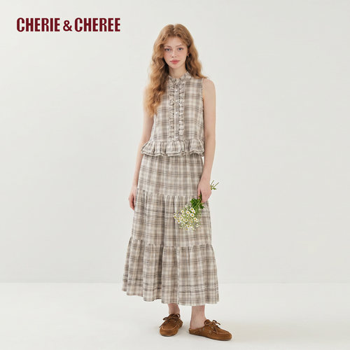 CHERIE&CHEREE26夏格纹花边无袖小衫格纹长款半身裙女CC6WLX5C294