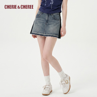 CHERIE&CHEREE牛仔拼接短裙女A字显瘦毛边半身裙CC6WLX5Z509