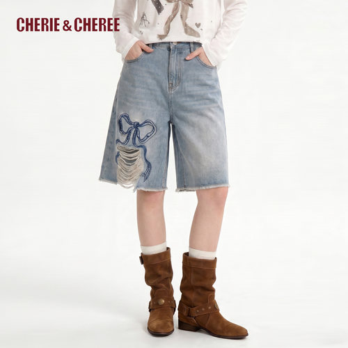 CHERIE&CHEREE26夏破洞蝴蝶结刺绣牛仔中裤设计感短裤CC6WLX4N279