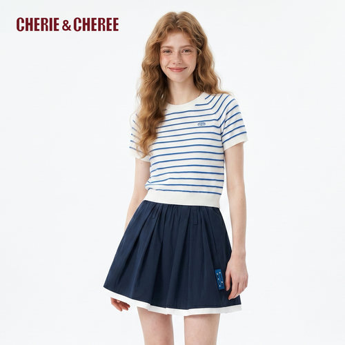 CHERIE&CHEREE26夏撞色条纹短袖针织衫韩系通勤上衣女CC6WLX4B233