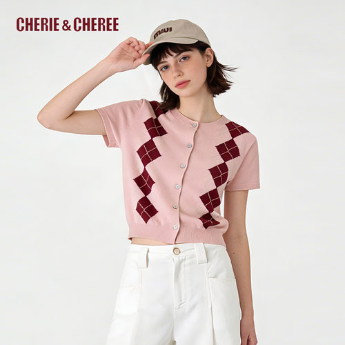 CHERIE&CHEREE26夏羊毛桑蚕丝菱格针织单排扣开衫CC6WCX1B025