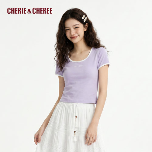 CHERIE&CHEREE26夏撞色大圆领修身短袖T恤CC6WLX3T071