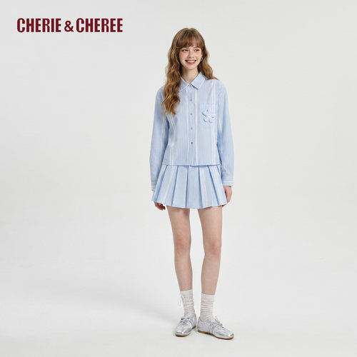 CHERIE&CHEREE26秋条纹立体装饰花长袖衬衫条纹百褶裙CC6WCX4C214