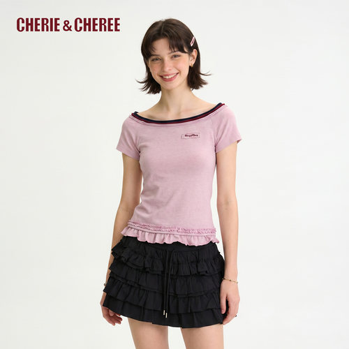 CHERIE&CHEREE26夏一衣多穿上衣一字领露肩短袖T恤女CC6WLX1T008