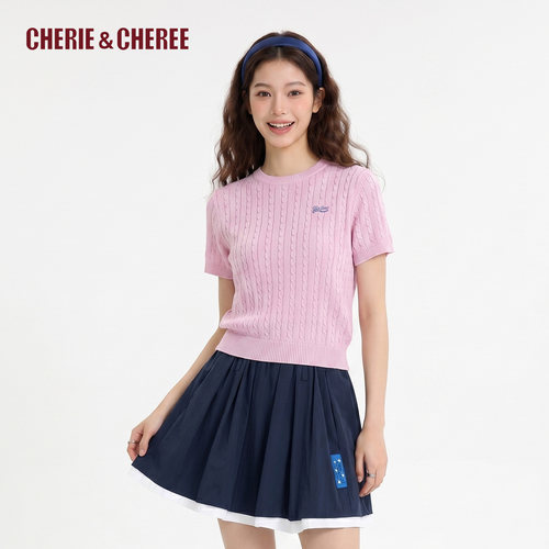 CHERIE&CHEREE26夏天丝亚麻绞花圆领短袖女韩系针织衫CC6WDX1B029