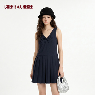 CHERIE&CHEREE26夏v领无袖压褶蝴蝶结中长连衣裙CC6WCX2I104