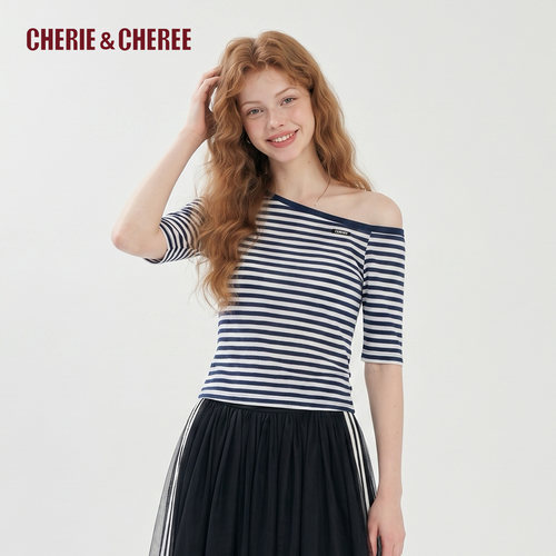 CHERIE&CHEREE26夏撞色条纹斜肩露肩短袖T恤修身上衣CC6WLX4T244