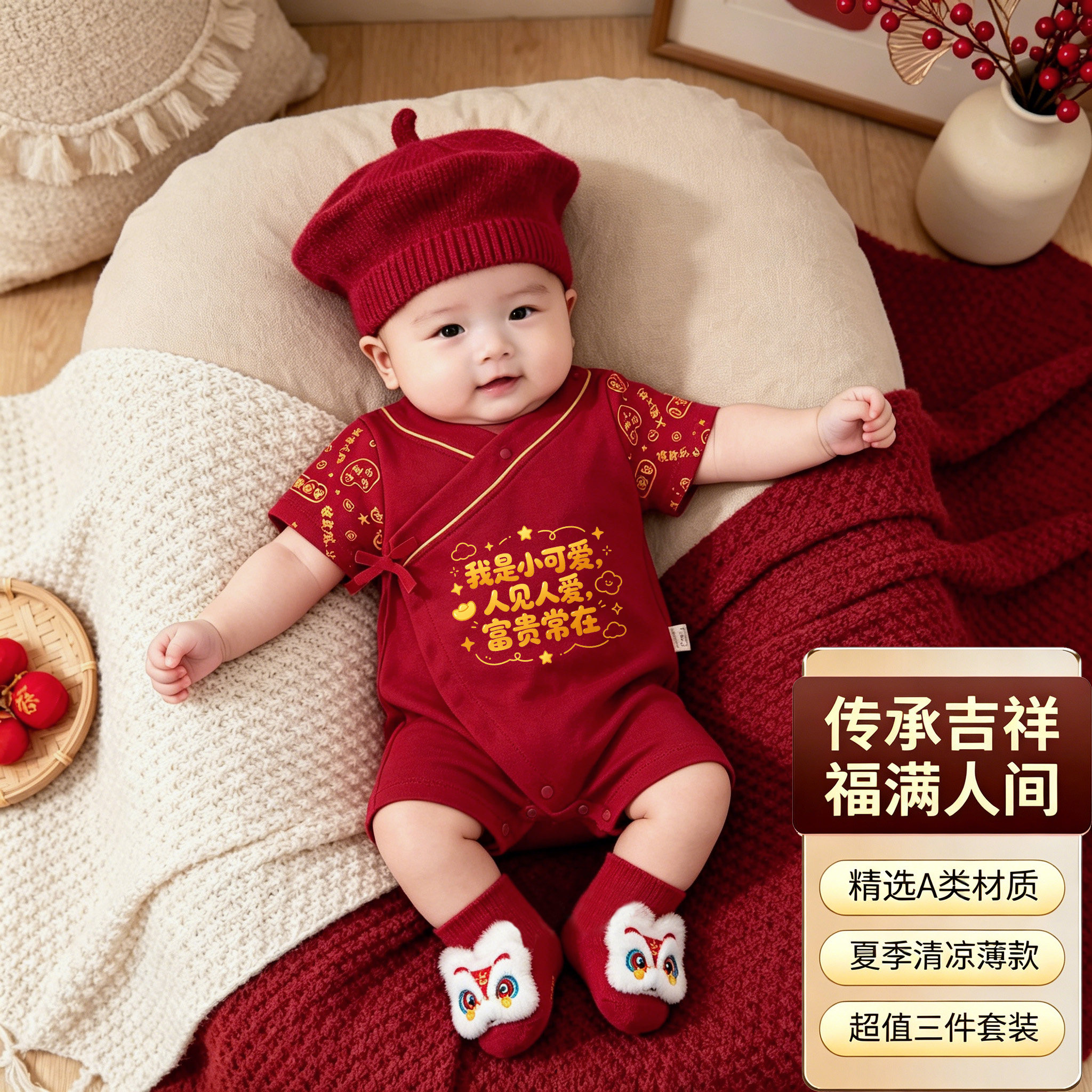红色纯棉婴儿连体衣夏季薄款男女宝宝满月百天周岁唐装爬服哈衣A