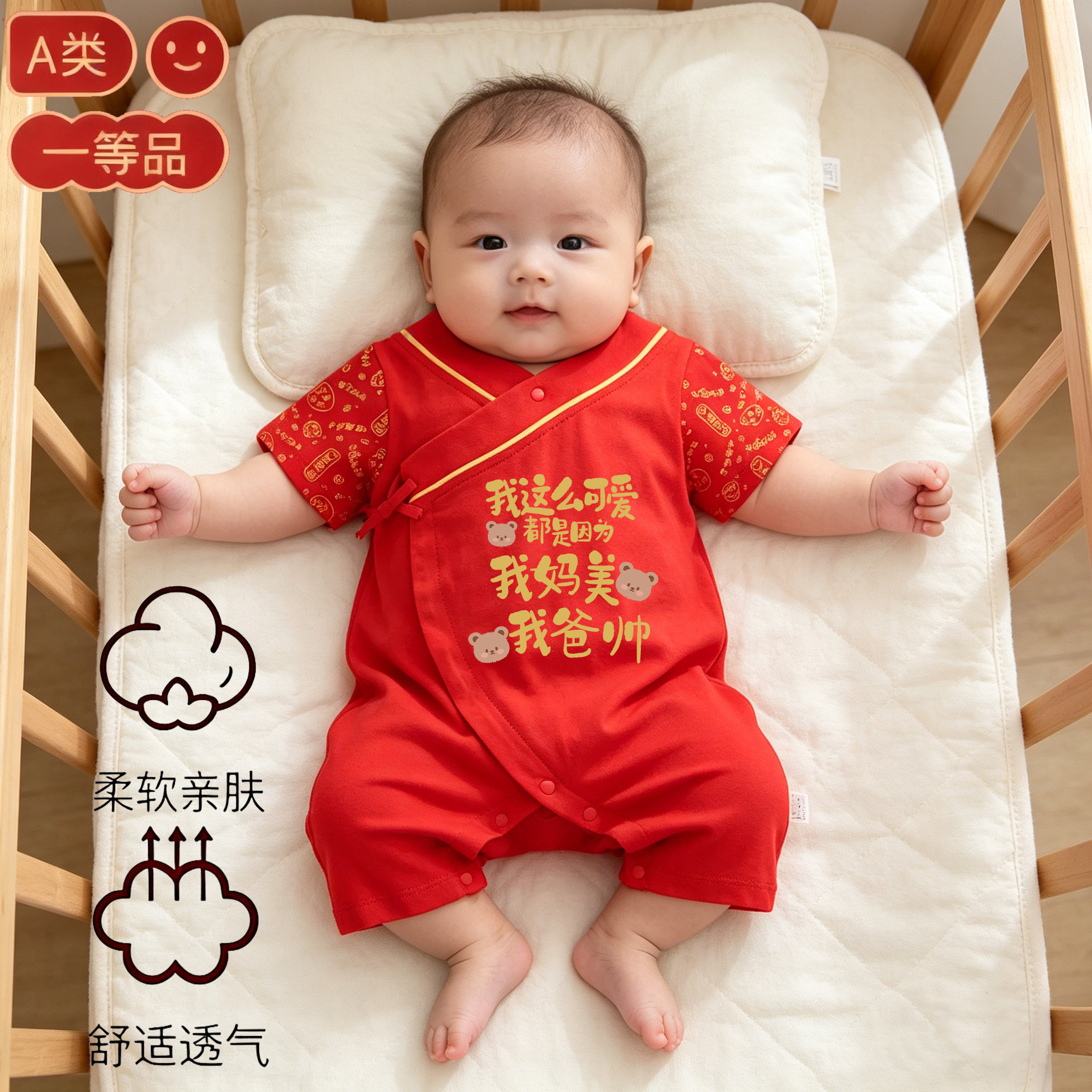 中国风红色新生儿礼服连体衣薄款