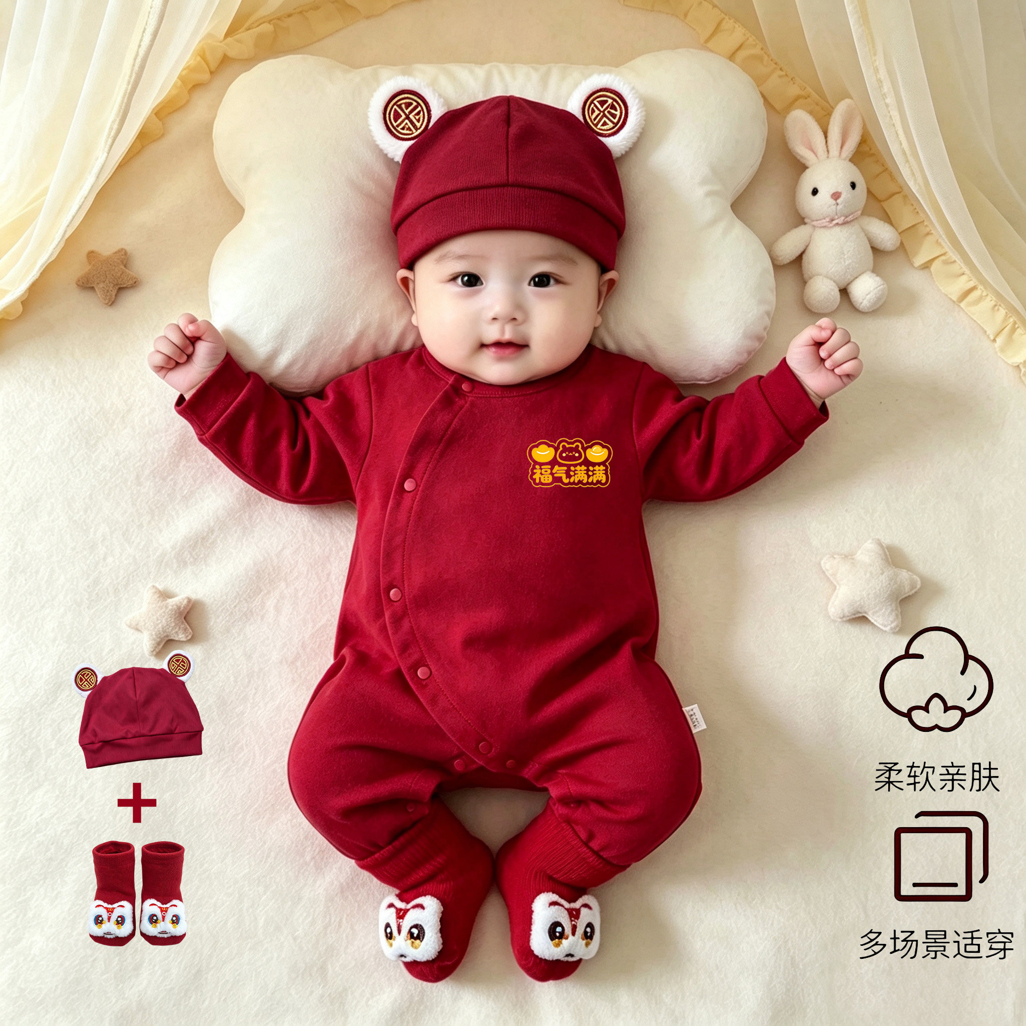 中式红色春秋纯棉新年婴儿连体衣