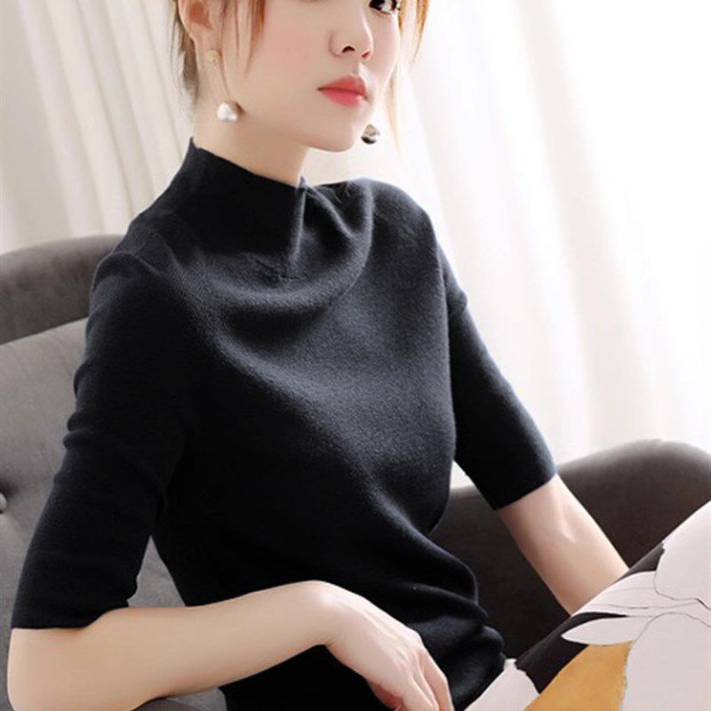 打底衫女春秋修身薄款半高领中袖上衣洋气2024年新款轻熟风针织衫
