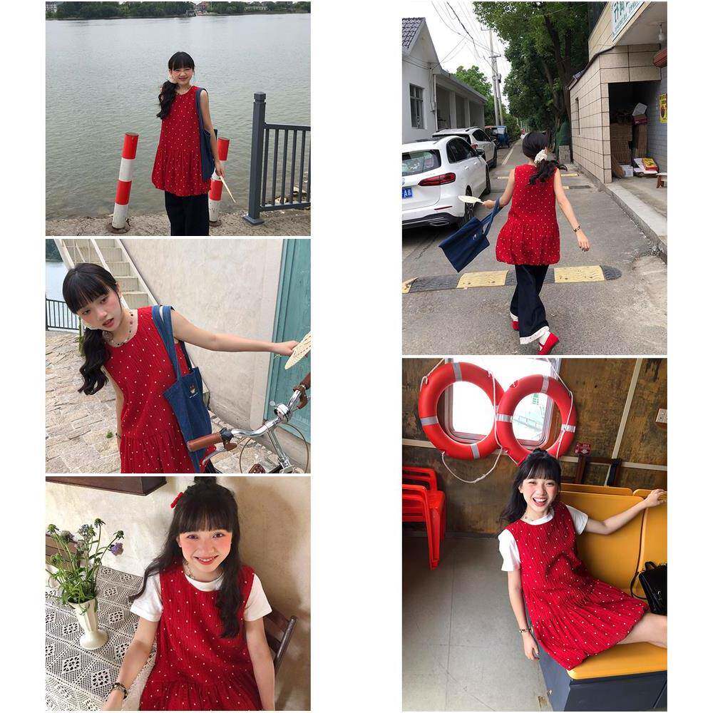 嘿山姥姥 红色背心连衣裙女春夏学院风小个子复古甜美可爱a字短裙