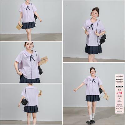 小草宽松定制学院风微胖圆领泰式短袖衬衫女百褶裙jk制服夏季套装