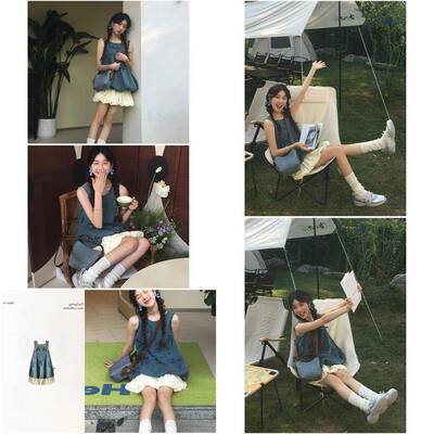 酷搭配一整套夏装新款小个子蝴蝶结花苞无袖牛仔上衣短裙子两件套