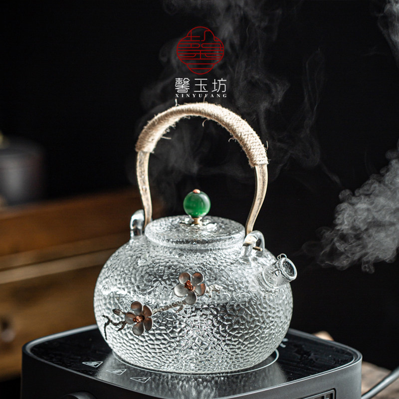 馨玉坊创意镶锡锤纹绿珠提梁壶可煮烧水煮茶养生玻璃茶壶花茶壶
