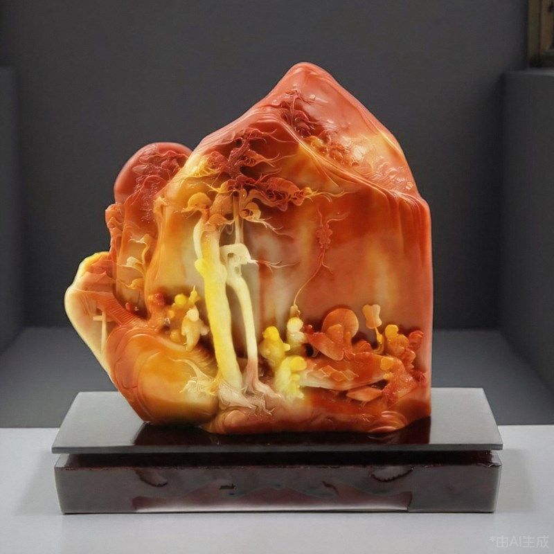 原石摆件仿寿山石山居即景图玉石山水石料家居客厅观赏石工艺品