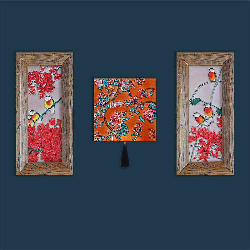 佳女子瓷板画客厅书房玄关背景墙电表箱装饰画新中式挂画条屏花鸟