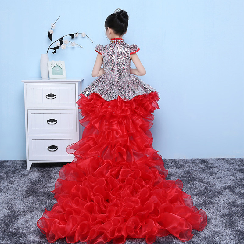 六一节儿童舞蹈服小女孩公主裙孔雀超长拖尾裙晚礼服婚纱演出表演