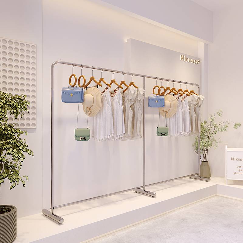 服装店网红挂衣架不锈钢拉丝银货架落地式挂衣杆服装展示陈列架子