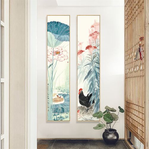 水墨宣言 新中式玄关竖长幅挂画荷花装饰画走廊尽头墙画过道壁画