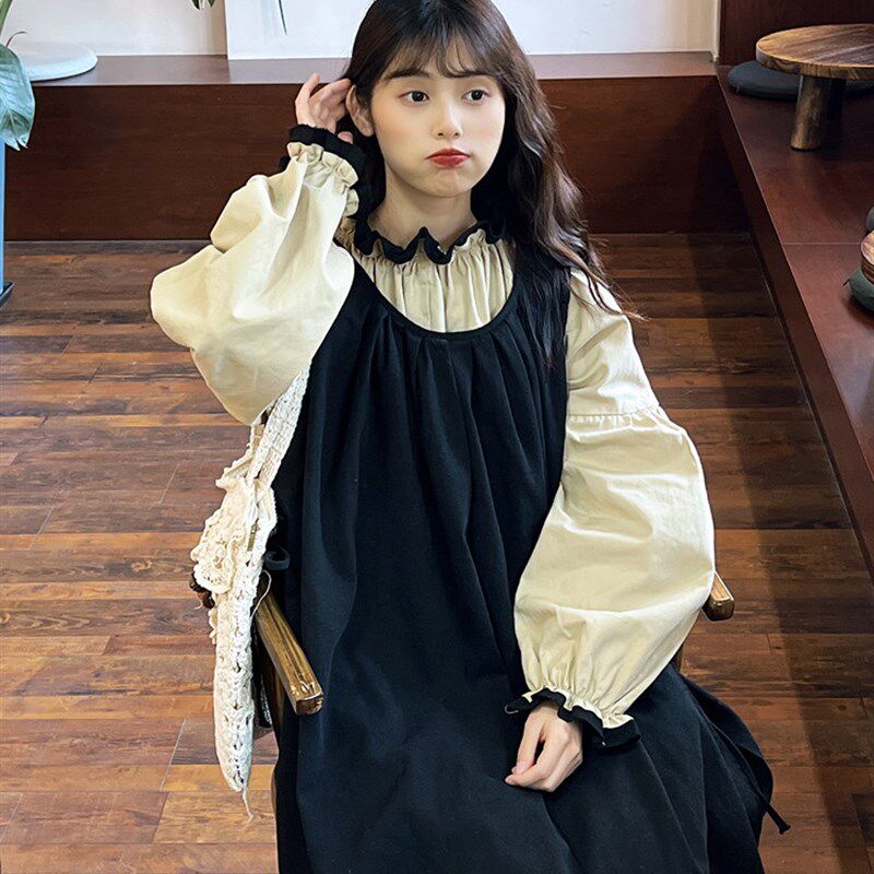 森系法式复古感灯笼袖两件套连衣裙高腰宽松叠穿打底裙罩衫裙长裙