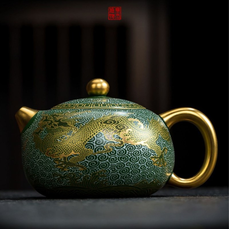 绿泥紫砂西施壶高档鎏金双龙戏珠茶壶功夫茶具家用泡茶器凤鸣单壶