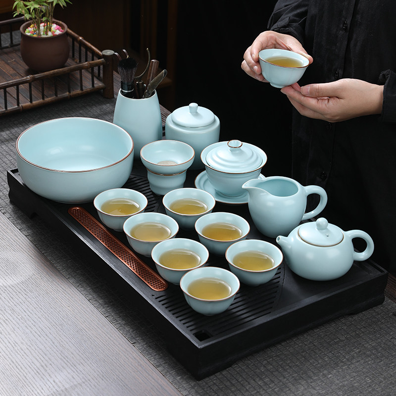 天青汝窑功夫茶具套装家用新款喝茶办公会客西施泡茶壶茶杯子套装