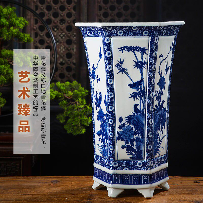景德镇陶瓷花盆六方兰花卉花鸟植物手绘青花瓷花盆大号带托盘包邮