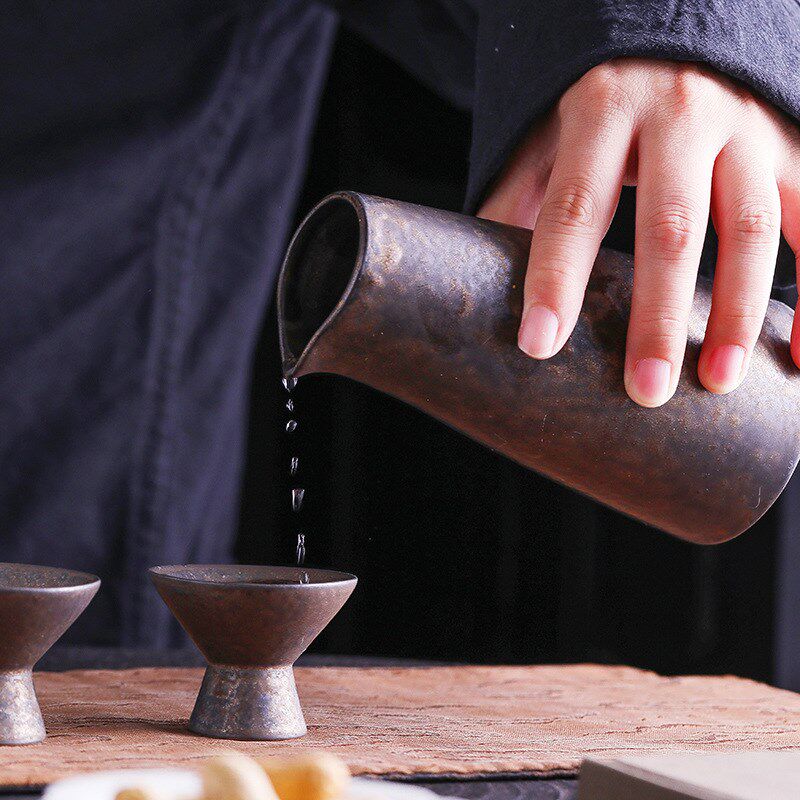 复古鎏金铁锈釉杯白酒杯套装中式酒具窑变烈酒杯家用高脚杯一口杯