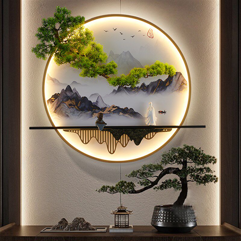 新中式楼梯过道山水意境圆形壁画灯酒店大厅玄关床头沙发背景墙灯