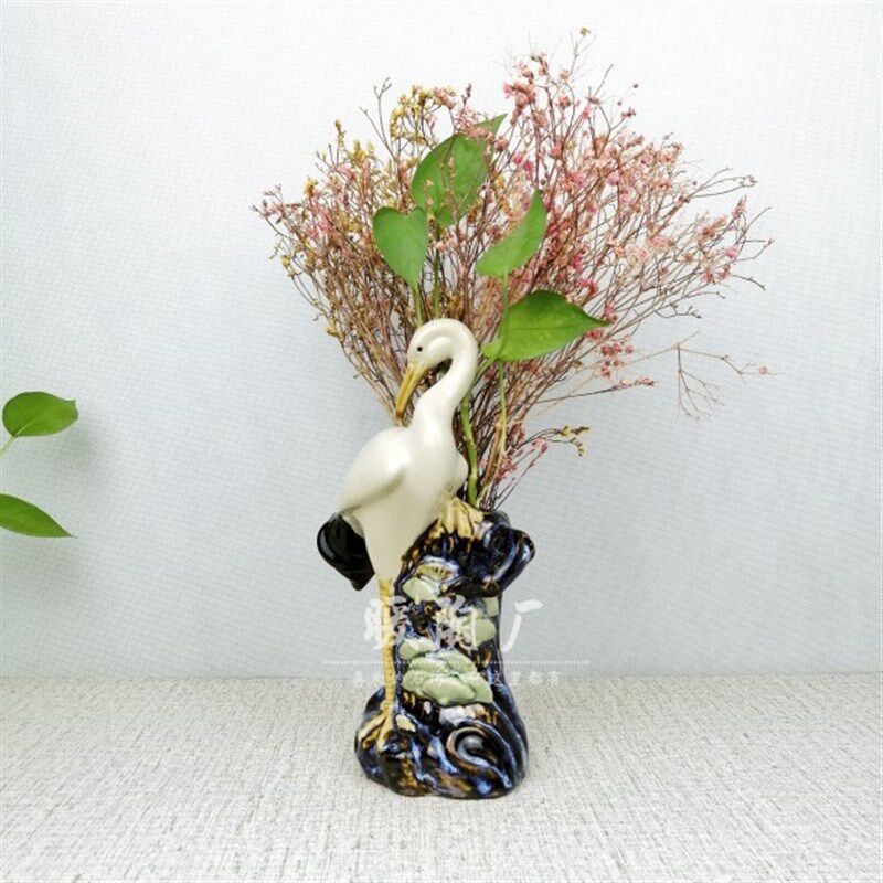 石湾公仔陶瓷朱顶仙鹤笔插花插花瓶水养盆景搭配装饰松鹤家居摆件