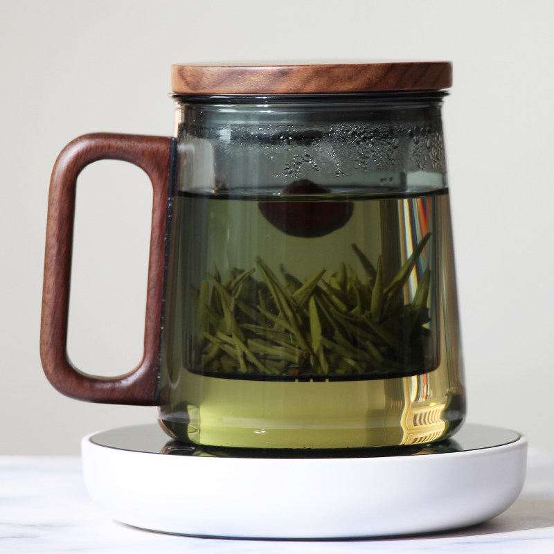 耐热玻璃茶水分离泡茶杯 带过x滤家用办公玻璃茶杯水杯子 实木把