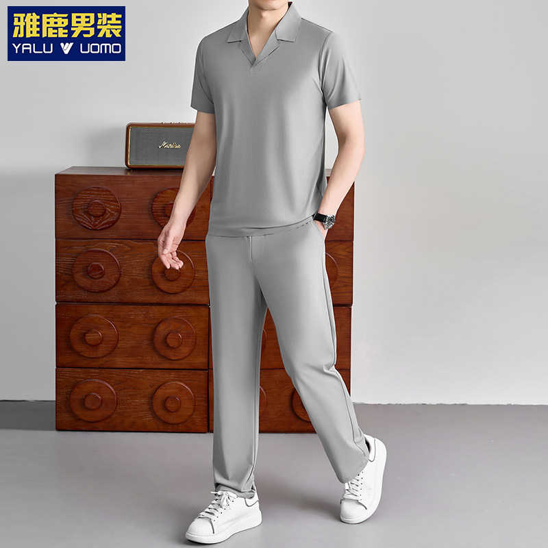 雅鹿男装冰丝短袖POLO衫套装男夏季商务休闲运动两件套