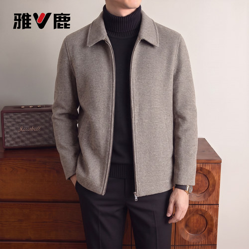 yaloo/雅鹿男士翻领夹克商务休闲拉链外套灰色羊毛呢秋季新款