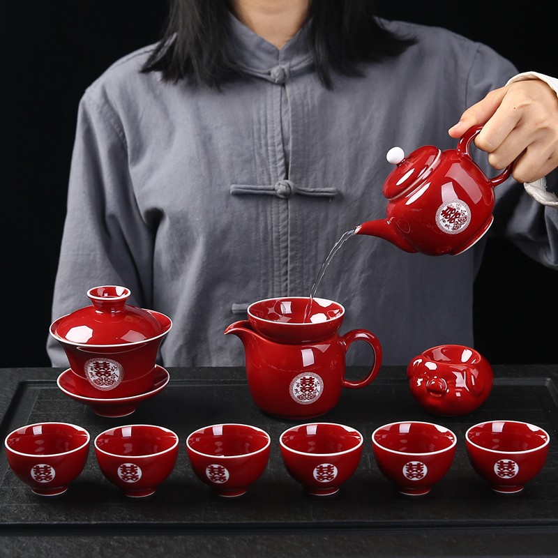 中国红色喜庆茶具套装婚庆中式结婚敬茶杯盖碗茶壶喜杯陪嫁送礼物