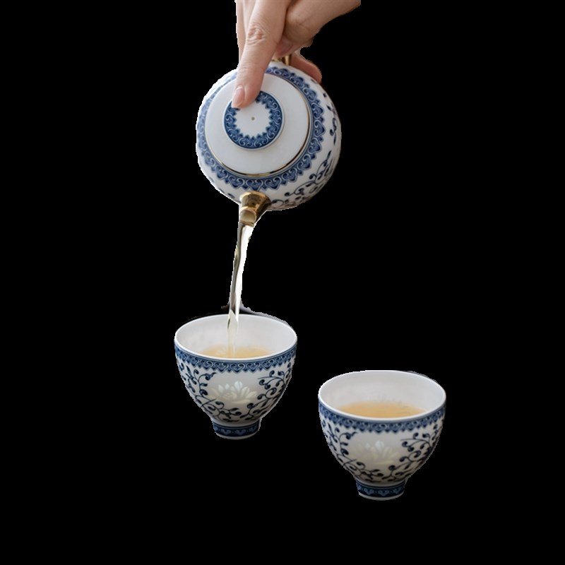 玉柏景德镇白瓷青花旅行便捷过滤家用茶具户外喝茶水套装心如莲花