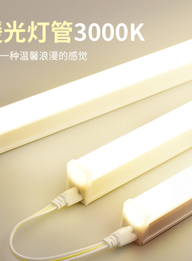 日光灯管暖光灯3000K暖白黄色卧室宿舍餐饮商用灯带氛围T5led长条