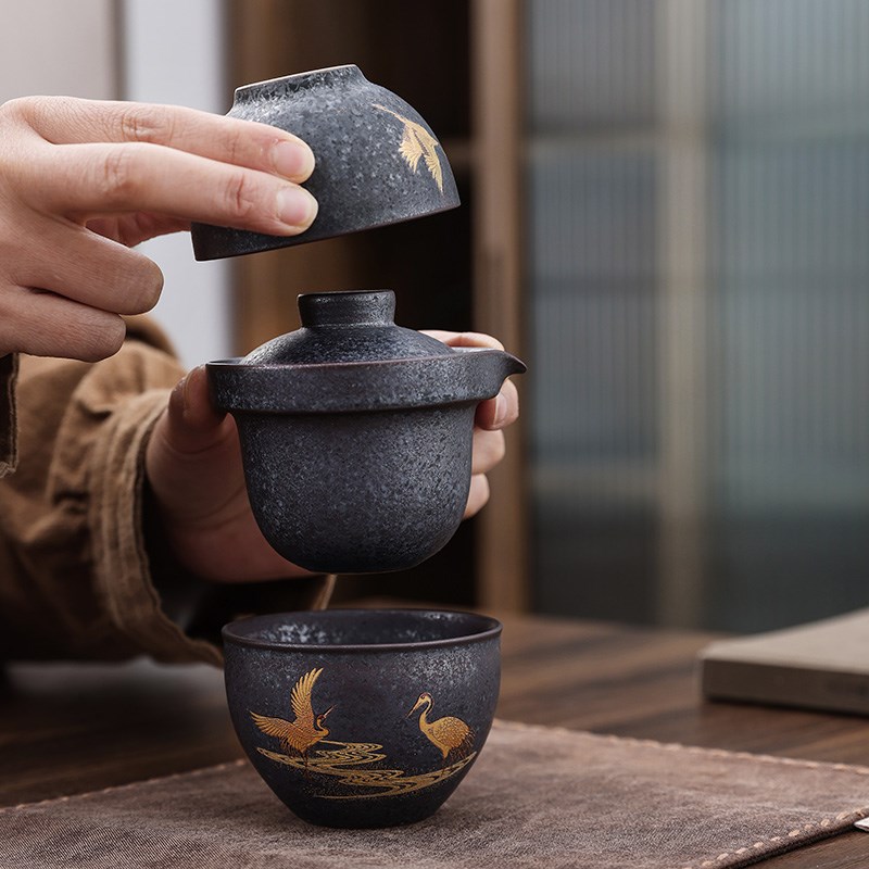 复古风窑变银斑釉瑞鹤快客杯陶瓷一壶两杯便携收纳包功夫茶具套装