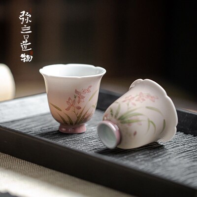 弥言纯手绘兰花主人杯手工陶瓷花口茶杯家用品茗杯日式聚香闻香杯