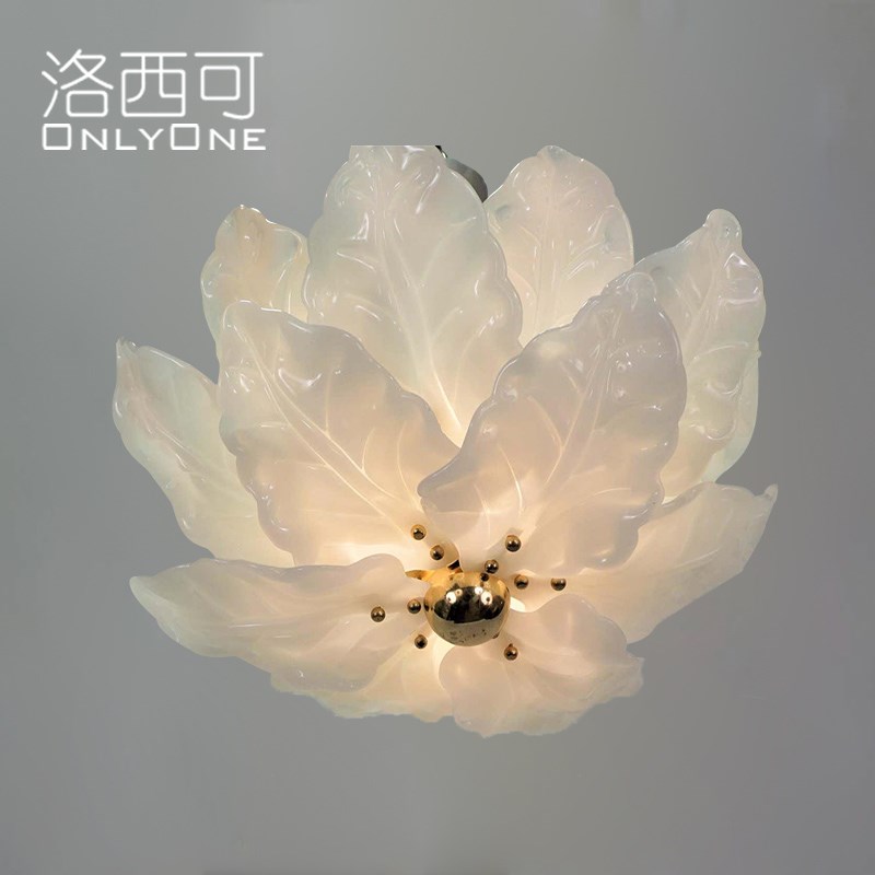 洛西可 轻法式树叶形奶白玻璃吊灯 奶油风美式卧室餐厅衣帽间灯具