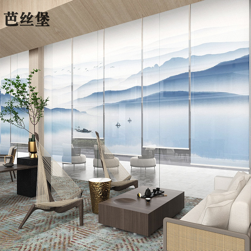 新中式客厅卷帘悬挂式屏风挂帘子软隔断玄关卧室窗帘办公室遮光帘